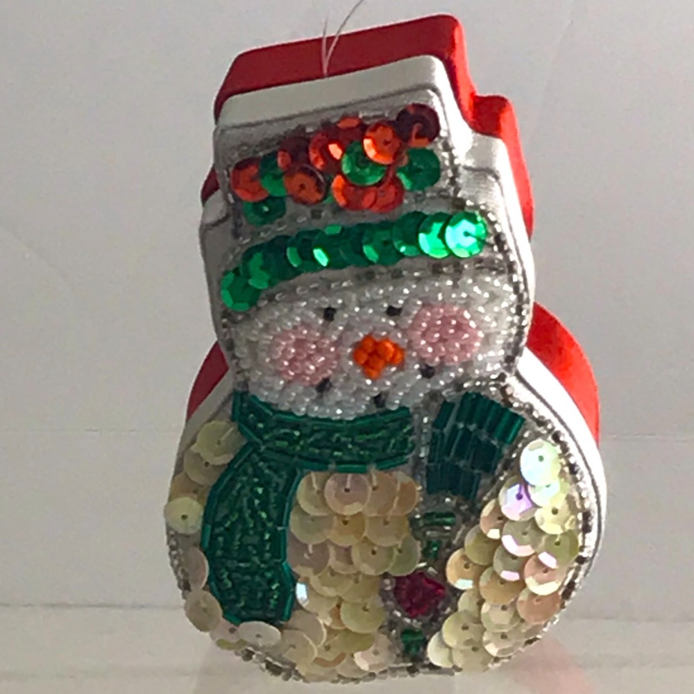 Fully Beaded Sequined Satin Snowman Box Christmas Ornament - VTG 1960's